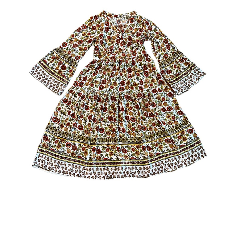 1970's Flowered maxi dress with bell sleeves. BoHo style. Side zipper,  SZ L